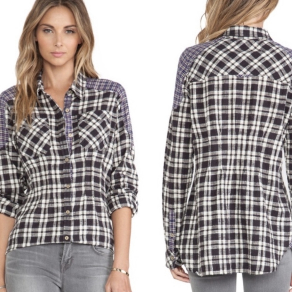Women's Free People Catch Up With Me Black Combo Plaid L/S Shirt Size Small EUC